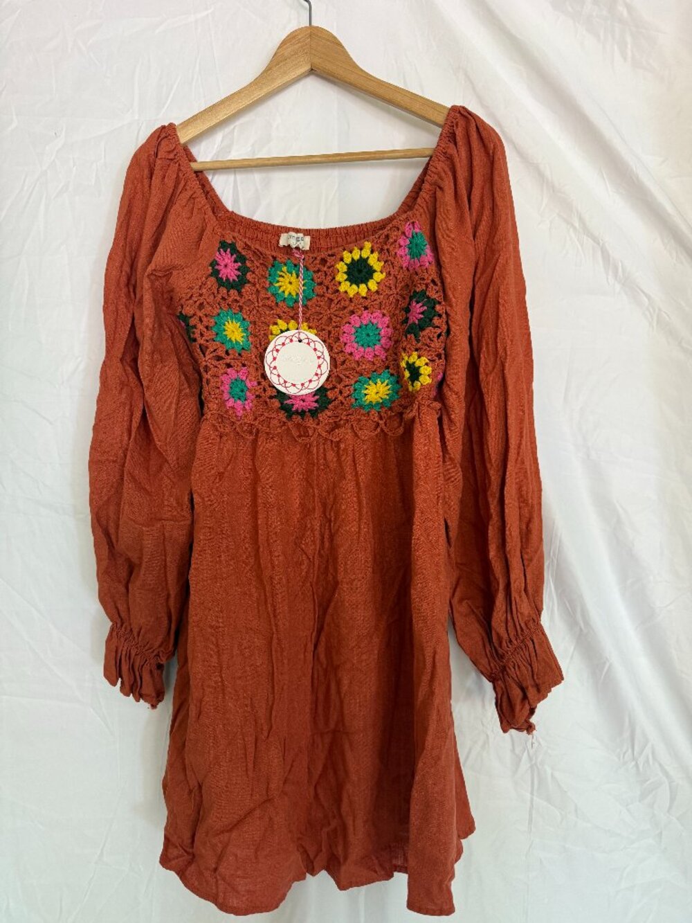 Umgee Rust Boho Mini Dress Crochet Floral Bodice Long Sleeve Size M NWT